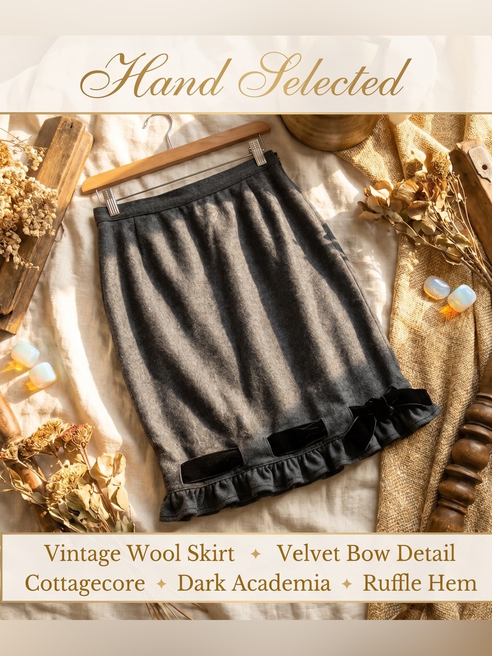 Valentino Boutique Vintage Gray Wool Pencil Skirt Velvet Bow Trim Italy Size 10